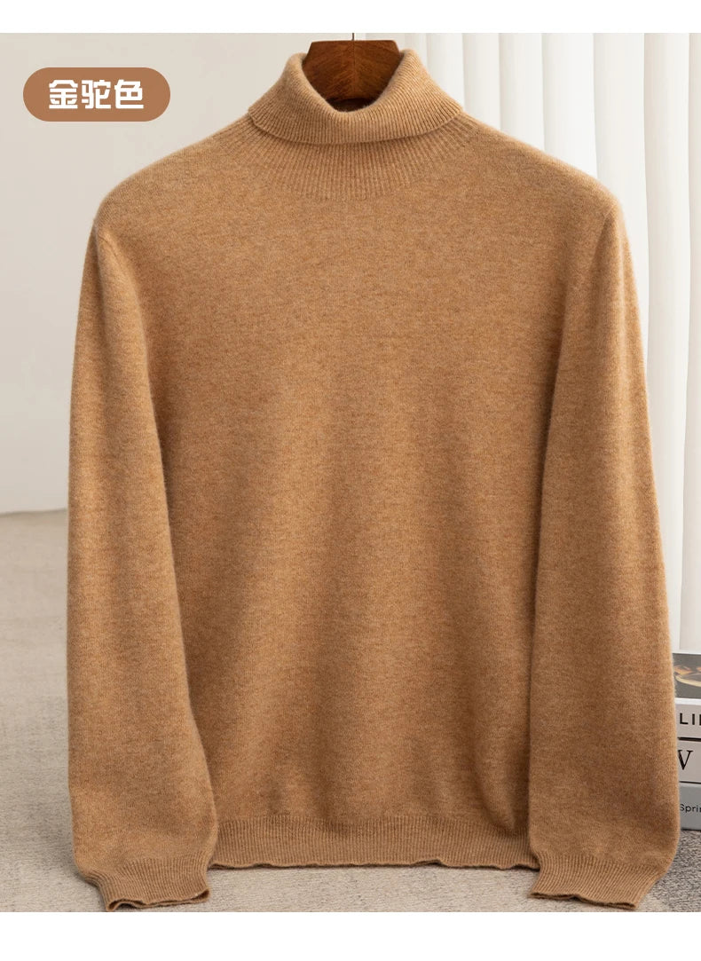Men 100% Merino Wool Sweater Turtleneck Knitted Pullover Cashmere Warm Solid Color Clothes Business Bottoming Tops Autumn Winter.