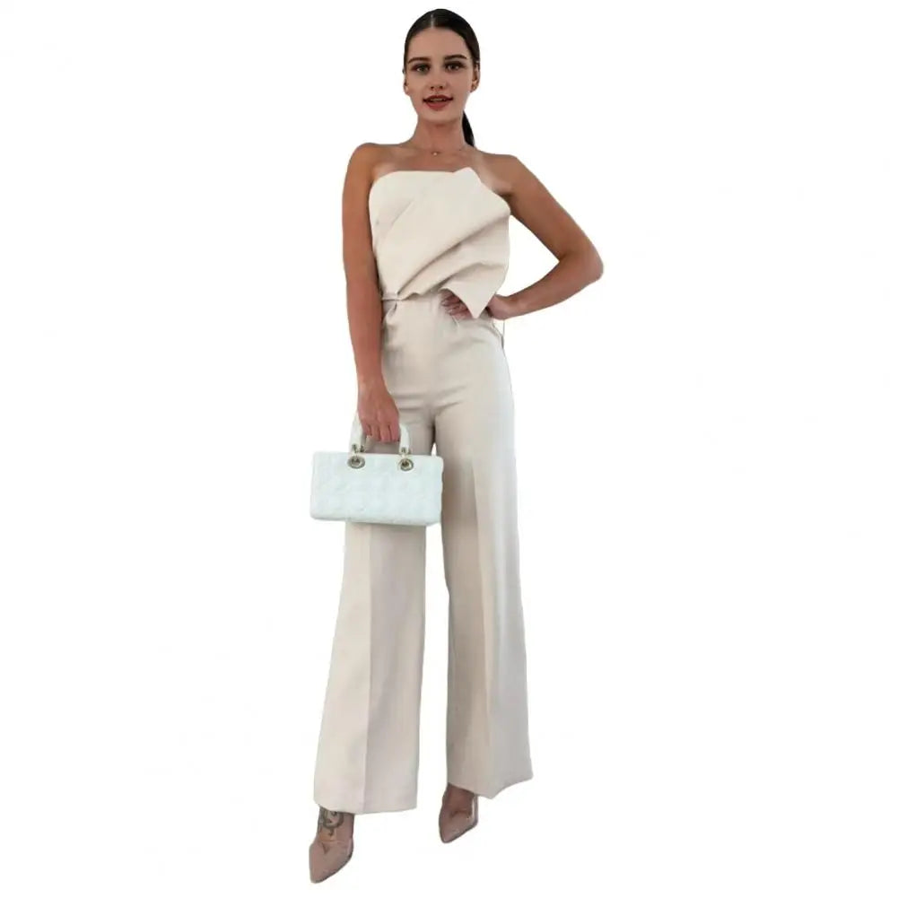 Soft Breathable Jumpsuit Elegant Women's Strapless Jumpsuit Stylish Off Shoulder Romper with High Waist Wide Leg Chic for Women.