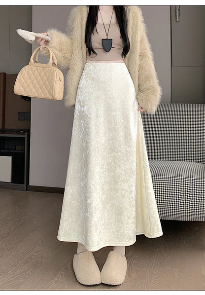 Plush Velvet Midi Skirt - 2025 New High-Waisted A-Line Mermaid Hem Skirt, Fleece-lined, Autumn Winter Thick Velvet Skirt.
