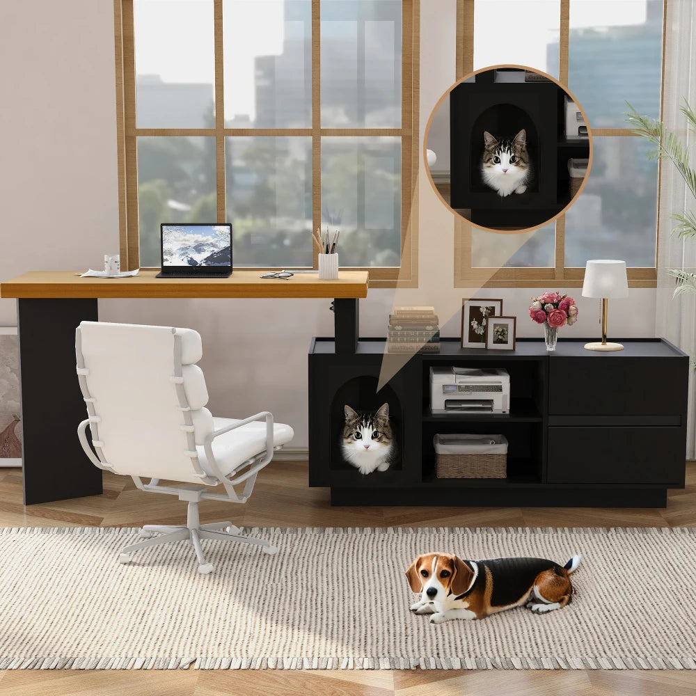 Eckschreibtisch mit integriertem Tierhaus, MDF-Eckschreibtisch aus verdicktem Brett für das Heimbüro mit XLanimal Cave L-förmiger Eckschreibtisch