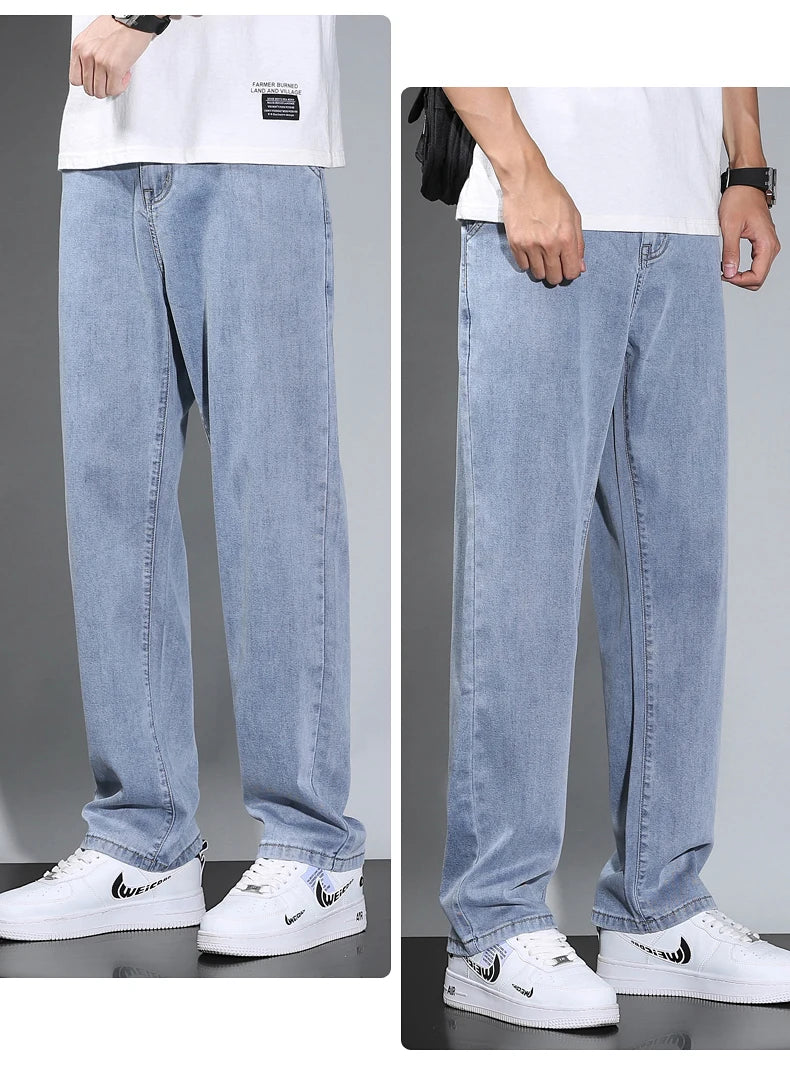 Summer Thin Men's Straight Loose Gray Jeans Soft Fabric Lyocell Fabric Light Colored Casual Pants Male Brand Trousers.