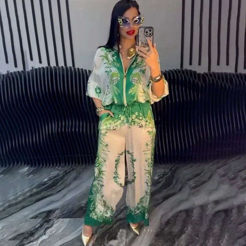 Summer Fashion Print Women's 2-piece Set Flower Zipper Baseball Uniform Drawstring Trousers Two-piece Outfit Elegant Office Suit.