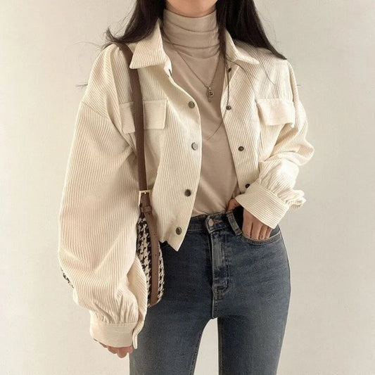 Crop-Jacken für Damen, Cord, rein, einfach, Vintage, koreanische Mode, Button-up-Kleidung, Baggy-Temperament, Jep Diego Diego Teens Streetwear