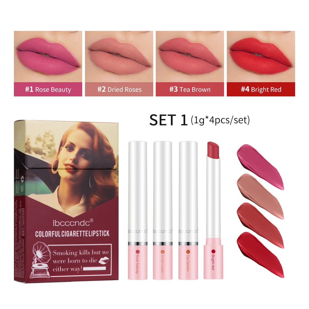 4 pcs/set Cigarette Lipstick Set Long Lasting Lip Glaze Matte Lip Gloss Waterproof Lip Stick Tube Nude Lip Tint Makeup Cosmetics