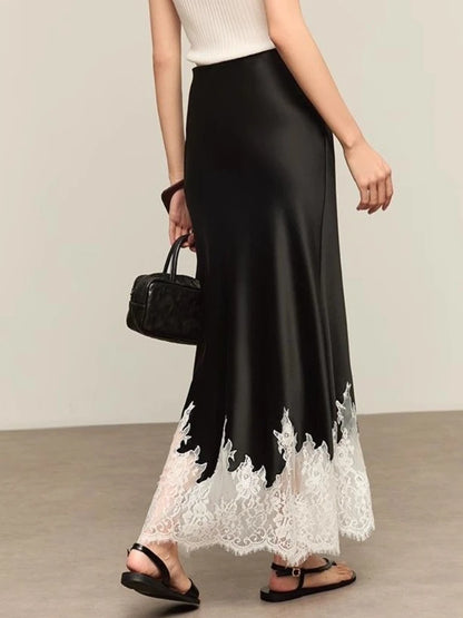 Mia Girl Elegant Satin Long Skirts for Women Oversize Lace Patchwork High Waist A-line Skirt French Style Summer Chic Lady Skirt.