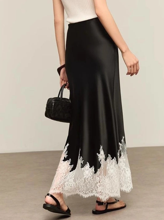 Mia Girl Elegant Satin Long Skirts for Women Oversize Lace Patchwork High Waist A-line Skirt French Style Summer Chic Lady Skirt.