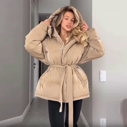 Frauen Glänzend Herbst Winter Mit Kapuze Baumwolle Gefütterte Jacke Lose Lange Hülse Spitze Up Warme Mantel 2025, Neue Dame Mode Party outwear