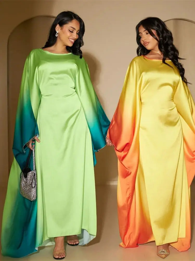 Gradient Batwing Butterfly Sleeve Satin Abaya Dubai Luxury Muslim Kaftan Dress For Women Kebaya Caftan Marocain Femme Vestidos.