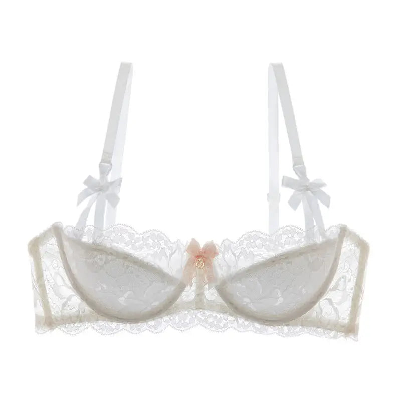 French Coquette Lace Bra Set Bow Straps Minimizer Large Bust Sheer Half Cup Balconette Push Up No Spill Underwire Sexy Lingerie