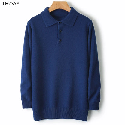LHZSYY 100%Merino Wool Hot Cardigans Men Lapel Pullover Long Sleeve POLO Neck Sweaters Loose Tops Knit Clothing Large Size Shirt.