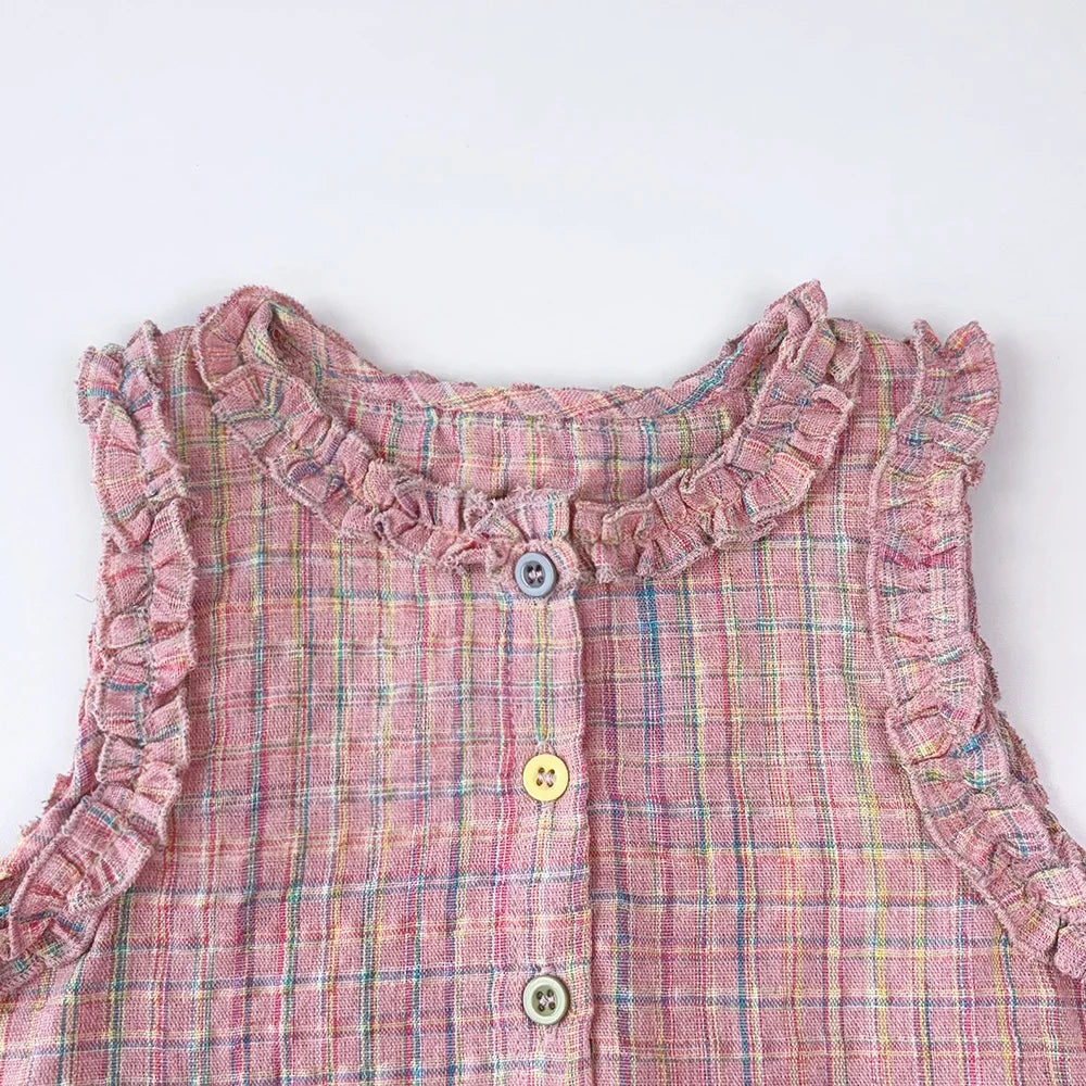 Pink Girl's Summer Two-piece Set with Single Breasted Sleeveless Top and Casual Pants, New Children's Sets Kids Clothes.