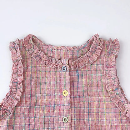 Pink Girl's Summer Two-piece Set with Single Breasted Sleeveless Top and Casual Pants, New Children's Sets Kids Clothes.