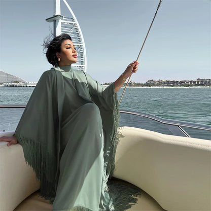 Eid Satin Luxury Green White Black Pink Khimar Tassel Butterfly Batwing Abaya For Women Islam Muslim Maxi Dress Kaftan Kebaya.