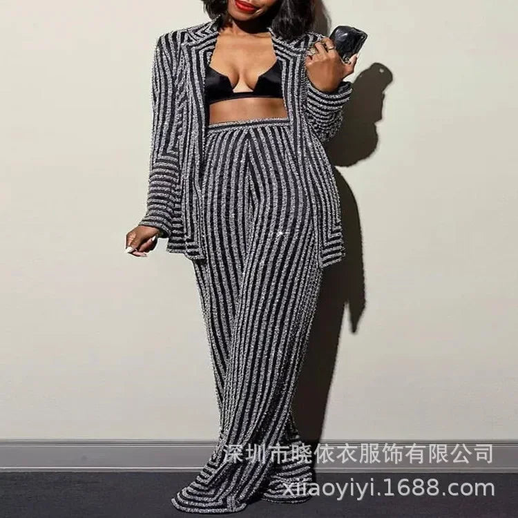 Sexy Women Two Piece Sets Print Striped Slim Fit Full Sleeve Coats Office Ladies Knitted Floor Length Pants Set Temperament.