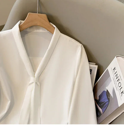 Loose Long Sleeve V-Neck Work Shirt for Women Plus Size Women's Blouses Fashion Versatile Autumn Bow Tops Trendy Business Shirts.