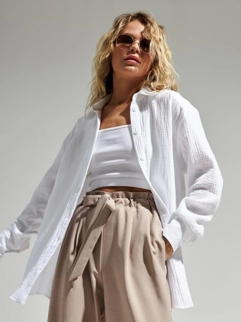 Muslin 100% Cotton Gauze Crepe For Women Shirts Blouse Turn Down Long Sleeve Single-Breasted Office Lady Loose Top Blusas Mujer.