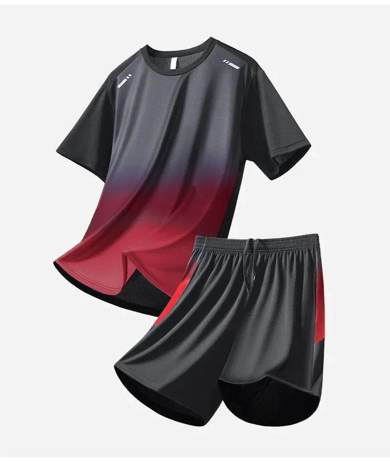 Men's Fitness Ice Silk Sports Suit Short Sleeve Training Room Basketball Morning Run Summer Outfit Shorts And T-shirt Set.