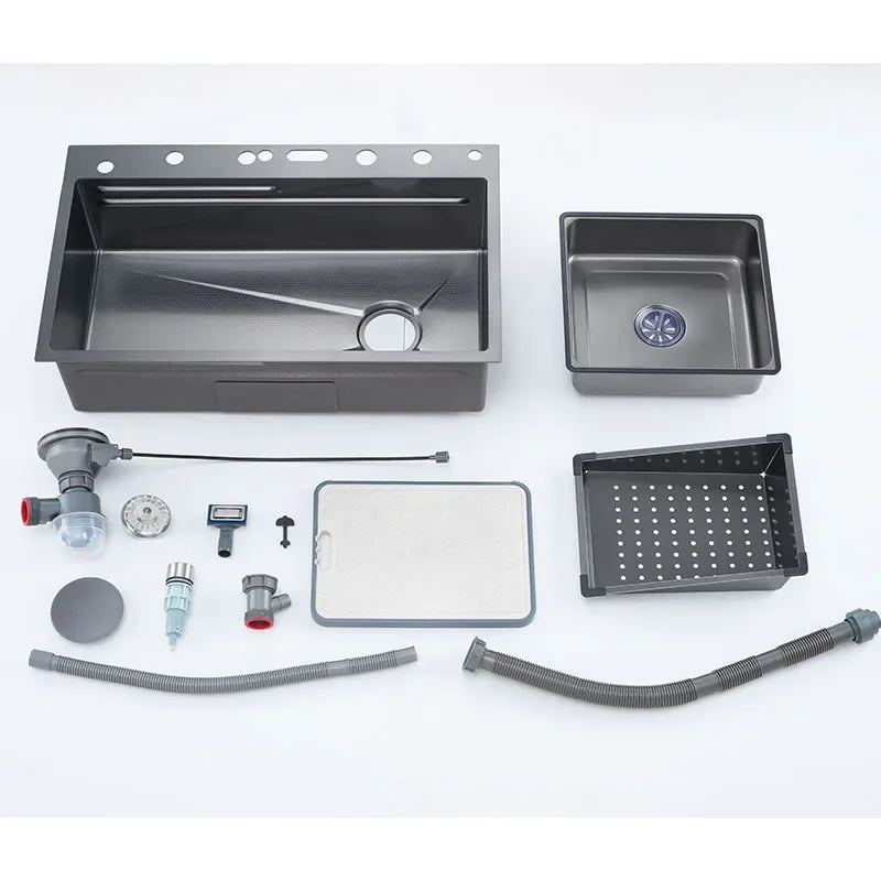 304 Edelstahl Wasserfall Küchen spüle große Einzels chlitz integrierte Digital anzeige Wasserhahn Set Seifensp ender Tasse Waschmaschine