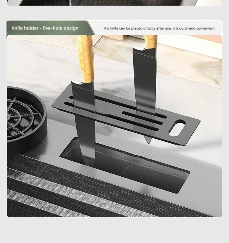 Waterfall Kitchen Sink Stainless Steel Large Double Slot With Chopping Board Rack Knife Holder Multifunctional Dishwash Basin