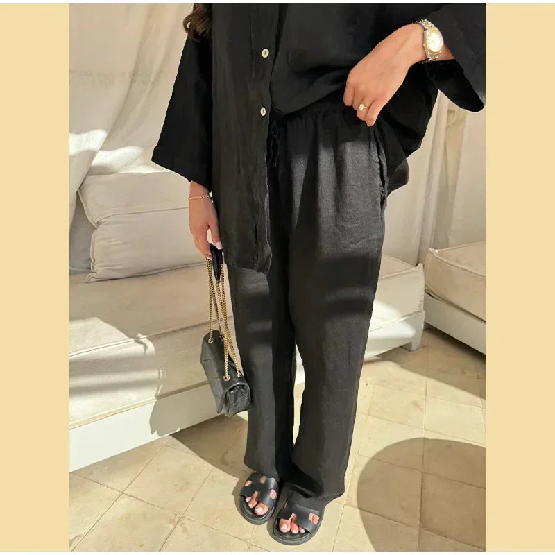Women Vintage Solid Loose Pants Suit Lapel Single Breasted Long Sleeve Shirt Wide Leg Pants 2 Pcs Set 2025 New Ladies Streetwear.