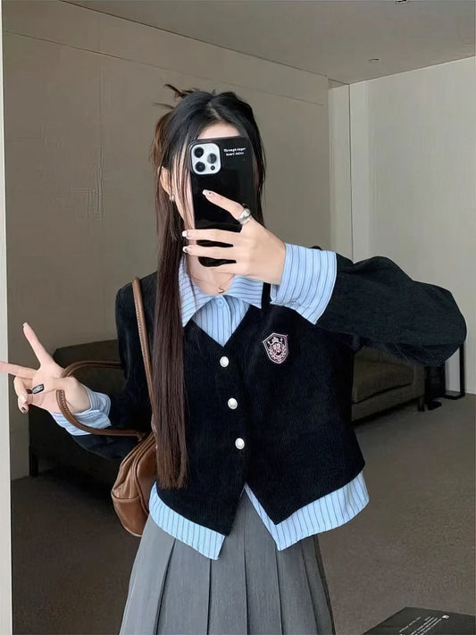 False 2 Piece set Patchwork Corduroy Shirt Women Vintage 2000s School Spring Autumn Outwear Top Long sleeve Button Shirts.