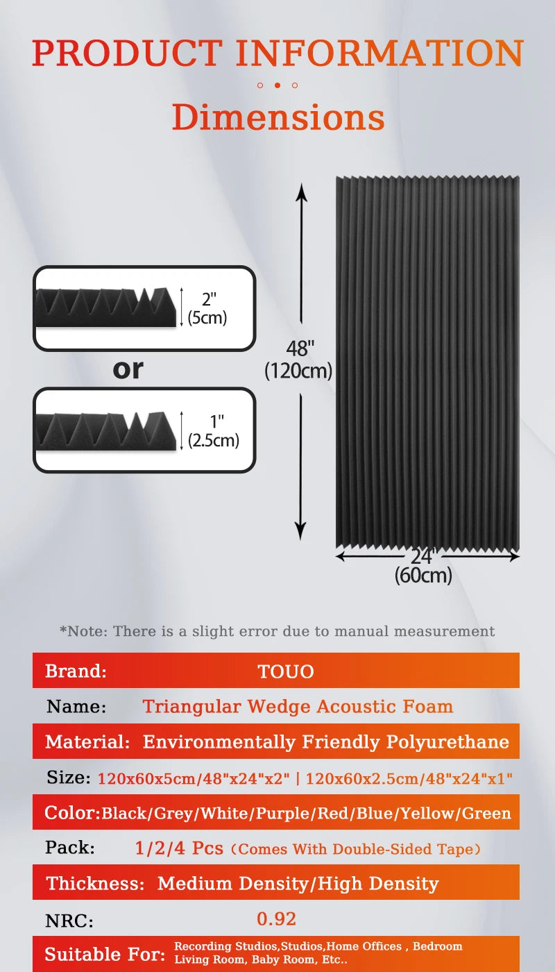 TOUO Acoustic Panels Wedge Foam 47.2"x23.6" 1-4Pack Noise Reducing Soundproof Wall Tiles for Home Theater Bar Studio