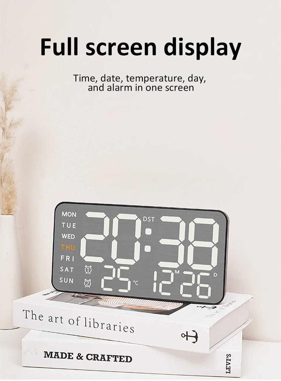 Wanduhr mit Spiegel-Bürsten-Finish, Premium-Gefühl, geräuschlos, Wanduhr, Tischwecker, Temperaturanzeige, Schlafzimmer, Büro, Wohnzimmer, Dekoration