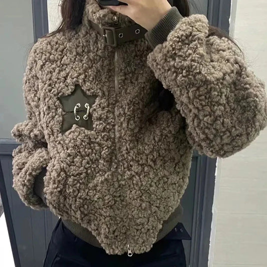 Winter Lamm Wolle Vintage Jacke Frauen Stehen Kragen Faul Wind Casual Zipper Mäntel Langarm 3D Dekoration Lose Geerntete Jacken