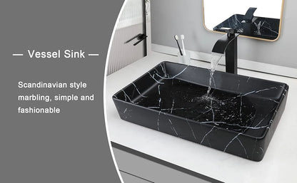 JIENI Keramik-Badezimmer-Waschbecken-Set, quadratisch, Porzellan, Arbeitsplatte, Waschbecken, Wasserhahn, Pop-Up-Abfluss, kombiniertes modernes Waschbecken-Set