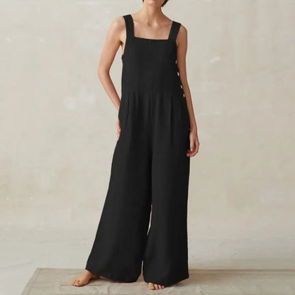 Women Cotton Linen Wide Leg Overalls Summer Fashion Off The Shoulder Sleeveless Solid Color Pocket Jumpsuits JYFS-8929.