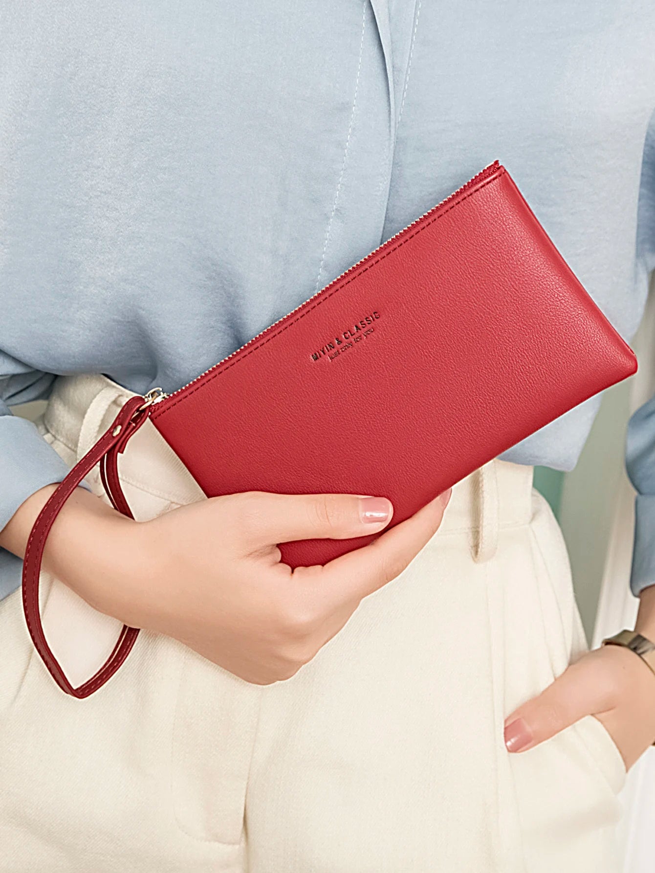 Simple Solid Color Thin Long Wallet PU Leather Large Capacity Zipper Wallet Classic Fashion Womens Handbag Can Hold Mobile Phone.