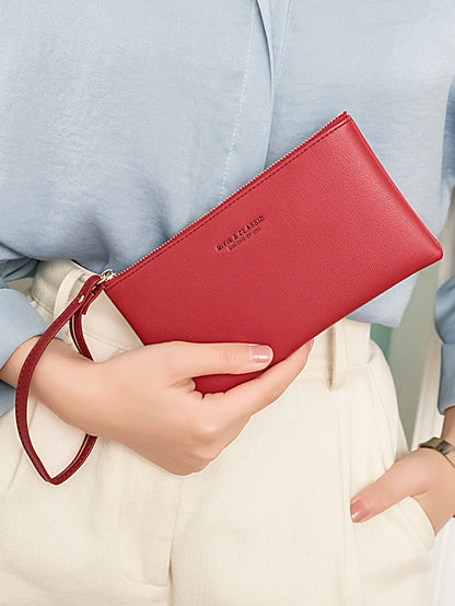 Simple Solid Color Thin Long Wallet PU Leather Large Capacity Zipper Wallet Classic Fashion Womens Handbag Can Hold Mobile Phone.