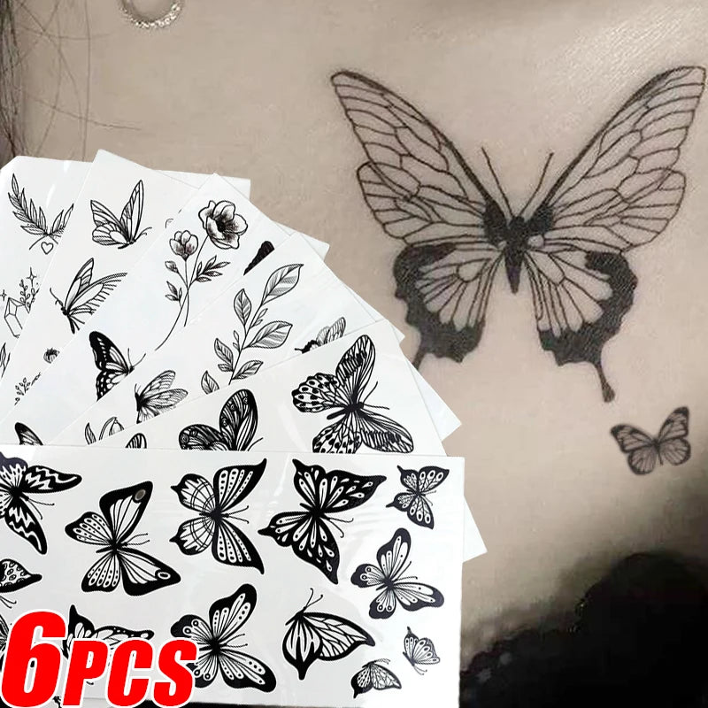 1/6pcs Black Butterfly Fake Tattoo Waterproof Temporary Tattoo Stickers Leg Arm Hand Foot Body Arts Magic Flower Texture Sticker.