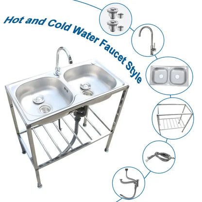 Edelstahlspüle, freistehendes Doppelschüssel-Küchenspülbecken mit Wasserhahn, Warm- und Kaltwasserrohr, Silber 75 * 40 * 83 cm