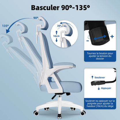 AUTHMIC Ergonomischer Schreibtischstuhl, blaue Liegerückenlehne, faltbare Armlehnen, verstellbare Kopfstütze und Lordosenstütze, strapazierfähig, 150 kg
