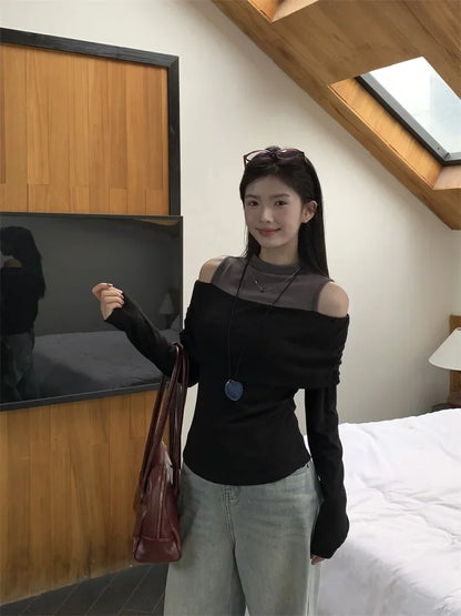 Retro American Shoulder Bared Long Sleeve T Shirt Women Spring Autumn Spicy Girl Fake Two Piece Base Shirt High Collar Polyester.