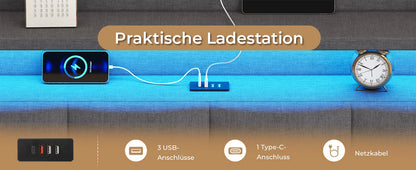 140 x 200 cm großes Polsterbett mit Doppelbettrahmen und LED-Beleuchtung und Ladestation. Kopfteil inklusive schwebendem Bettdesign