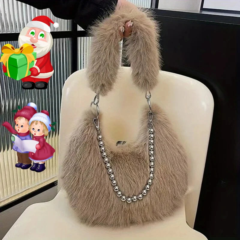 Luxurious Faux Fur Tote Bag Chic Underarm Shoulder Bag Stylish Handbag & Purse with Pearl Chain Strap, Polyester Lined Interior.