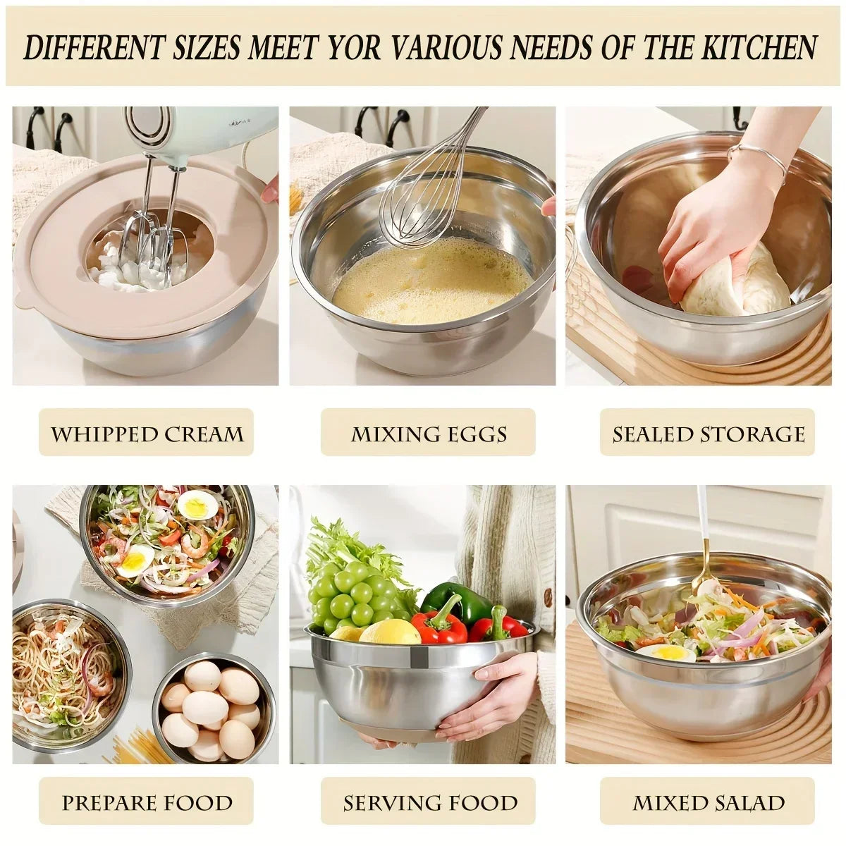 Stainless Steel Mixing Bowl Set with Lid Grinder Storage Multifunctional Kitchen Tool Set.