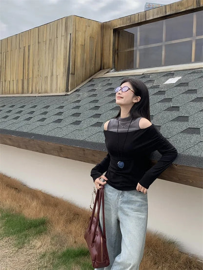 Retro American Shoulder Bared Long Sleeve T Shirt Women Spring Autumn Spicy Girl Fake Two Piece Base Shirt High Collar Polyester.