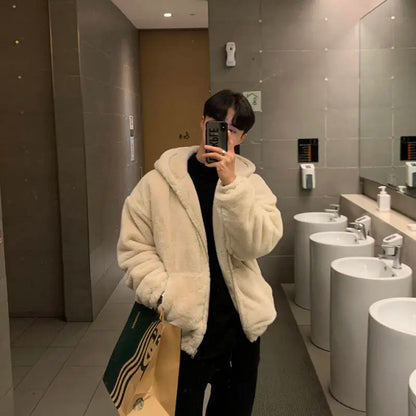 Winter faux lamb wool jacket men's padded thickened cotton clothing loose fleece jacket cotton clothing.