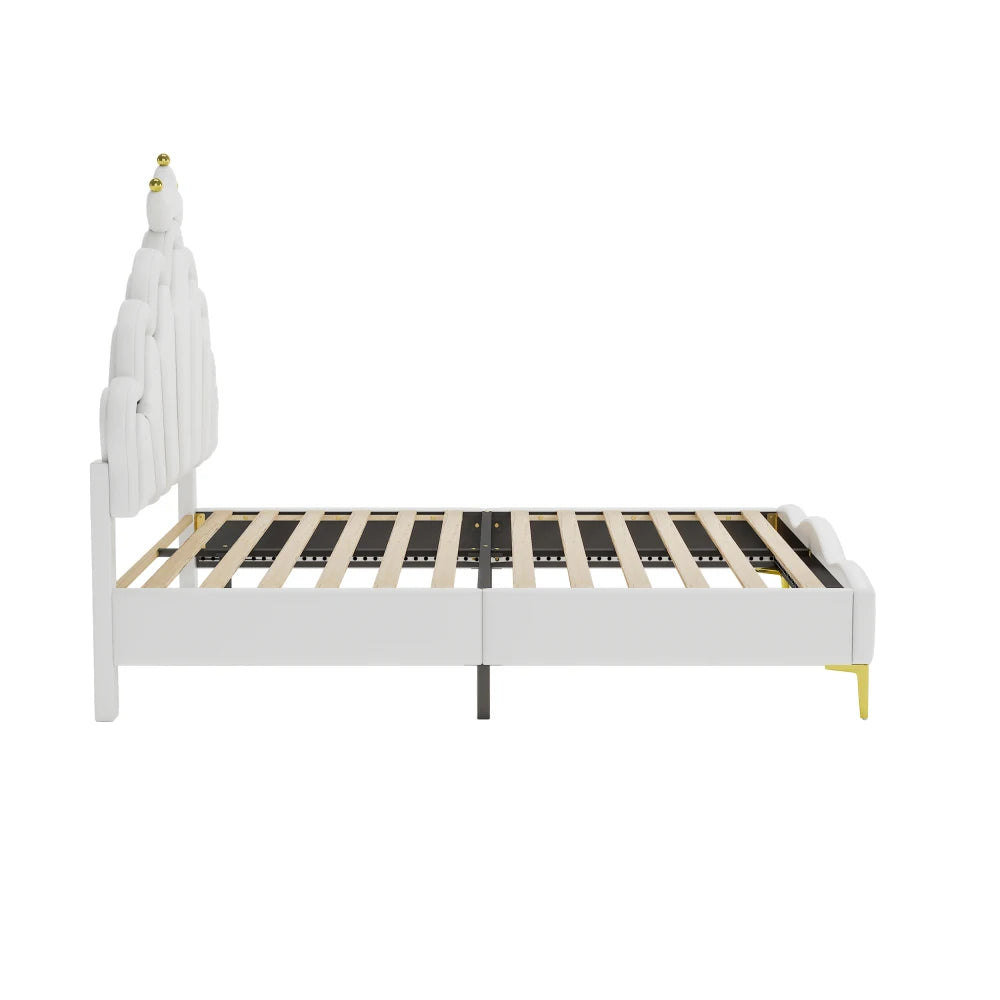 Polsterbett ohne Matratze, ferngesteuertes Umgebungslichtbett mit 2 Schubladen, kronenförmiges Prinzessinnenbett, verstellbarer Kopf, PU, Weiß