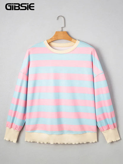 GIBSIE Plus Größe Gestreiften Tropfen Schulter Lose Sweatshirt Frauen 2025, Herbst Casual Langarm Passenden Rundhals Pullover Tops.