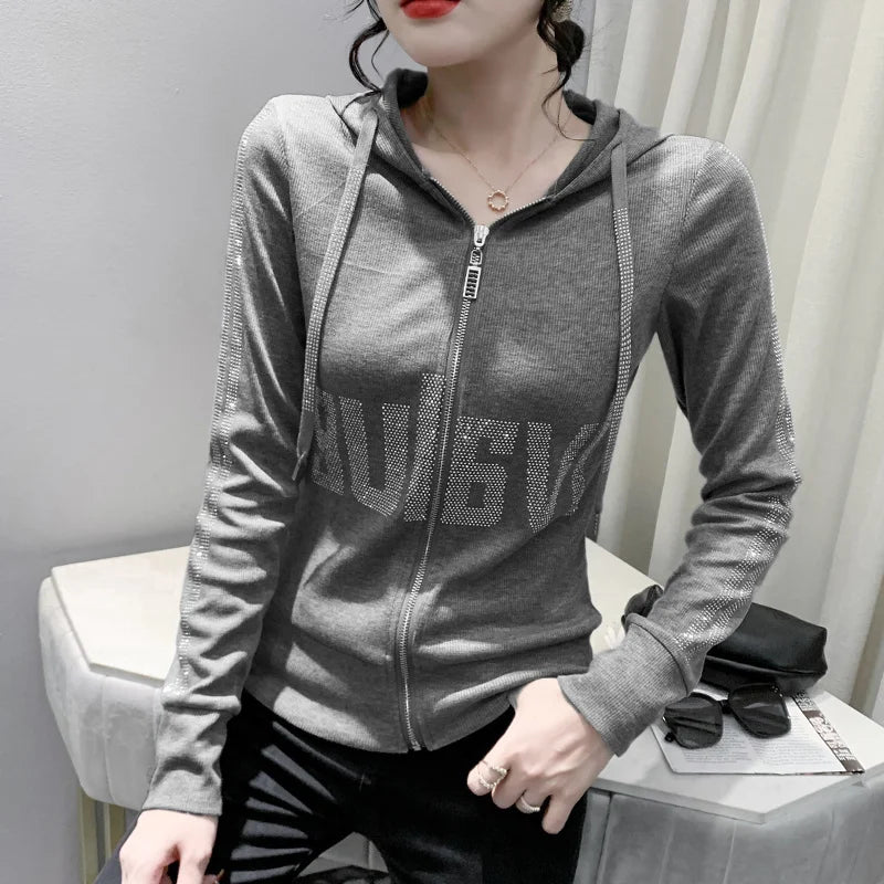 #7937Black Grey Women Hoodies Sweatshirt Tops Pullovers Diamonds Letters Slim Streetwear Short Hoodies Woman Zipper Korean Style