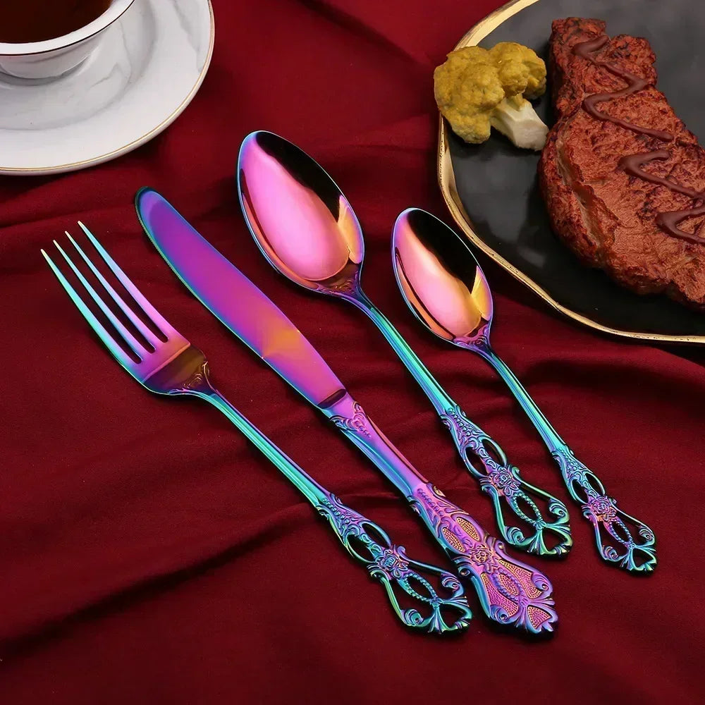 Golden Stainless Steel Cutlery Set Royal European Spoon Fork Complete Tableware Retro Design Dishwasher Safe Elegant Flatware.