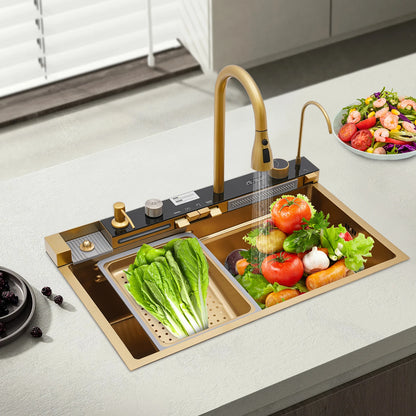 Multifunktionales Küchenspülbecken aus Edelstahl, goldenes Küchenset, mehrere Wasserauslassmodi, mit Siebwaschbecken und Waschbecken