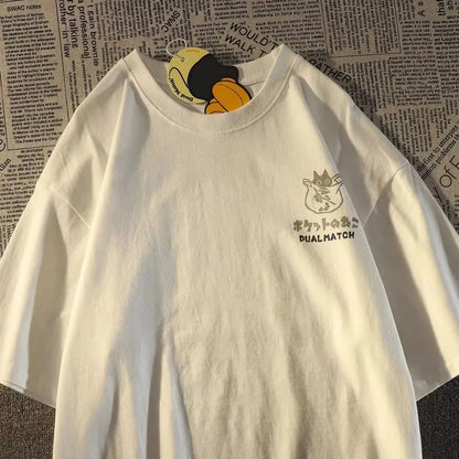 Sommer Japanische Retro Tasche Katze Cartoon Gedruckt Kurzarm T-shirt Männlich Weiblich Paare Unisex College Stil Übergroßen Top