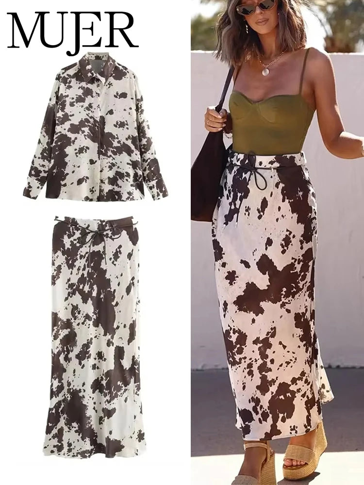 MUJER Print Satin Long Skirts for Women High Waist Midi Skirt Woman Spring Belt Women's Skirt Cylinder Vintage Women Skirt Sets.