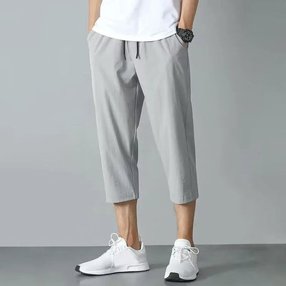 2025 New Summer Men's Ice Silk Pants Hong Kong Style Trendy Loose-Fit Straight-Leg Cropped Pants Korean Version Casual Pants.