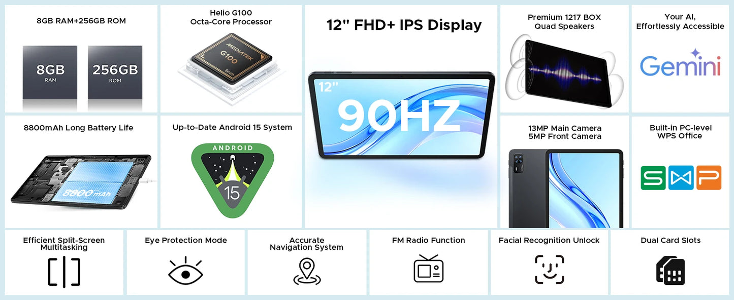 Doogee Tab E3+ 2 in 1 Tablet Pc Gemini Ai 12"" 2K Display Android 15 32Gb Ram(8+24) 256Gb Rom 8800Mah Battery Helio G100 Tabletpc.
